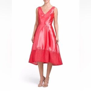 MONIQUE LHUILLIER Mikado Melon Deep V High-Low Mesh Trim Dress Size 4